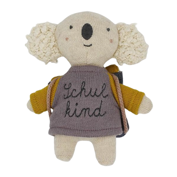 ava&yves - Koala „Schulkind“ mit Schulranzen und Shirt in flieder/gelb 14cm
